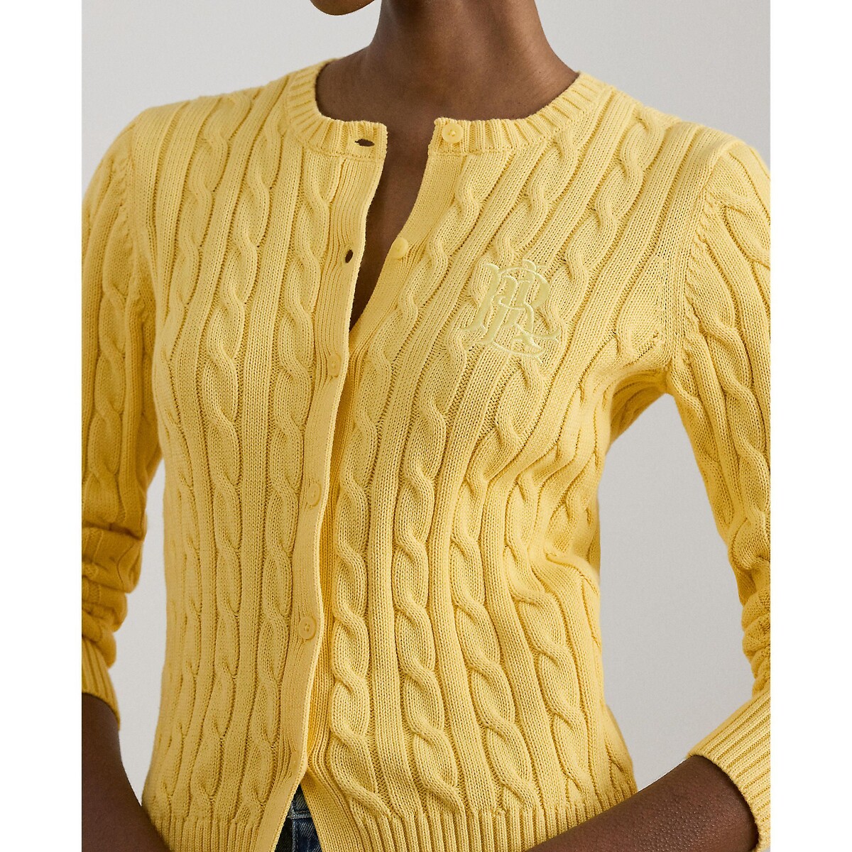 Ralhan Cotton Cable Knit Long Sleeve Cardigan lemon yellow, LAUREN RALPH LAUREN