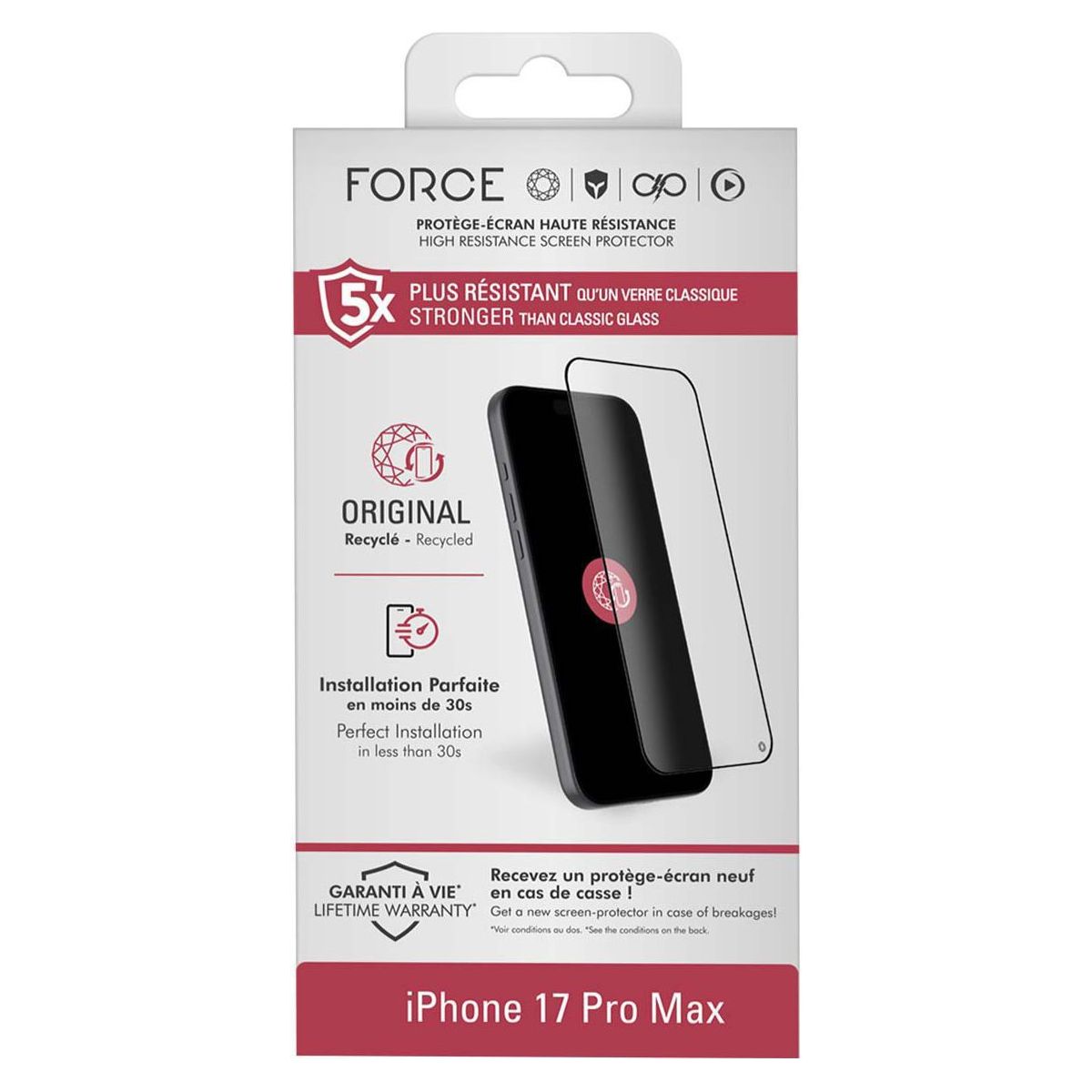 Protège écran iPhone 17  Pro Max couleur unique, FORCE GLASS