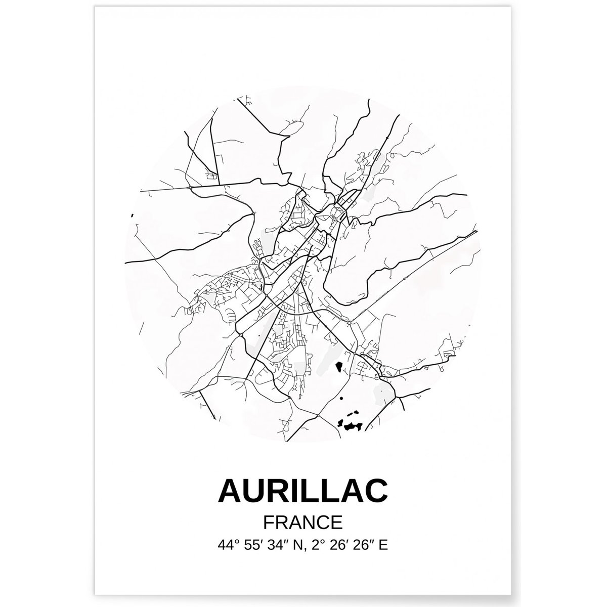 Affiche Carte Aurillac blanc, L'AFFICHERIE