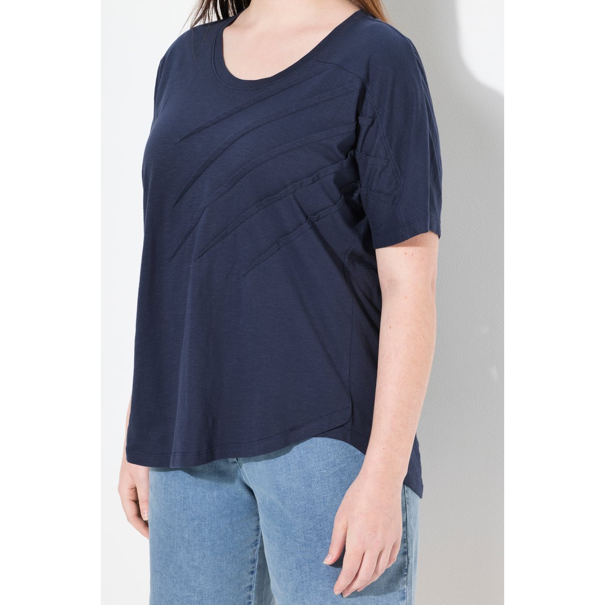 T-shirt, plis, col rond, manches courtes marine, ULLA POPKEN
