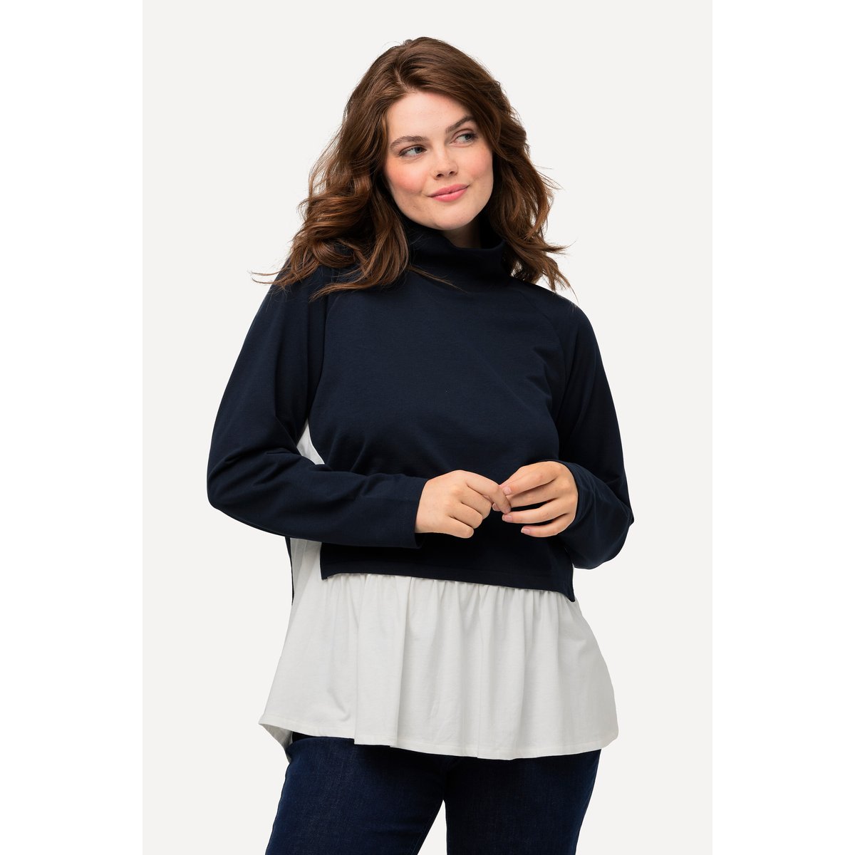 Sweat-shirt en coton bio à col montant et marine, ULLA POPKEN
