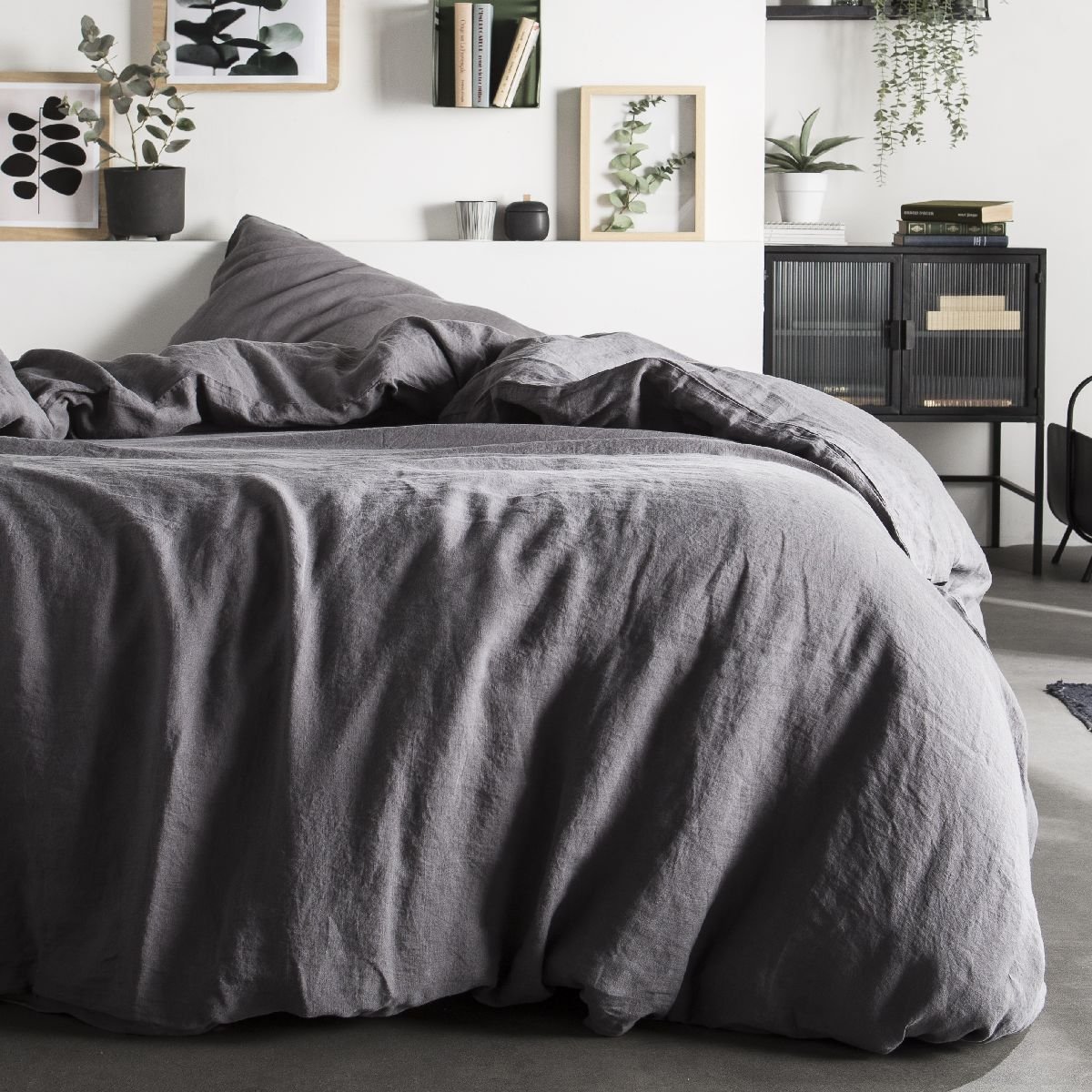 Housse de couette Lin lavé 2 personnes uni NAGHADA gris anthracite, TODAY