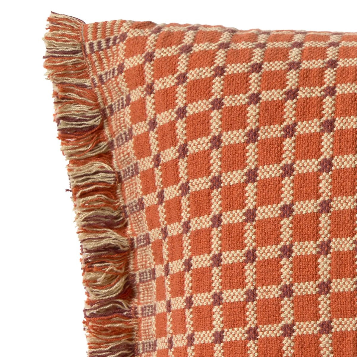 Coussin tissé main à franges Checker TORRE ROURA terracotta, marsala, galet, LORENA CANALS