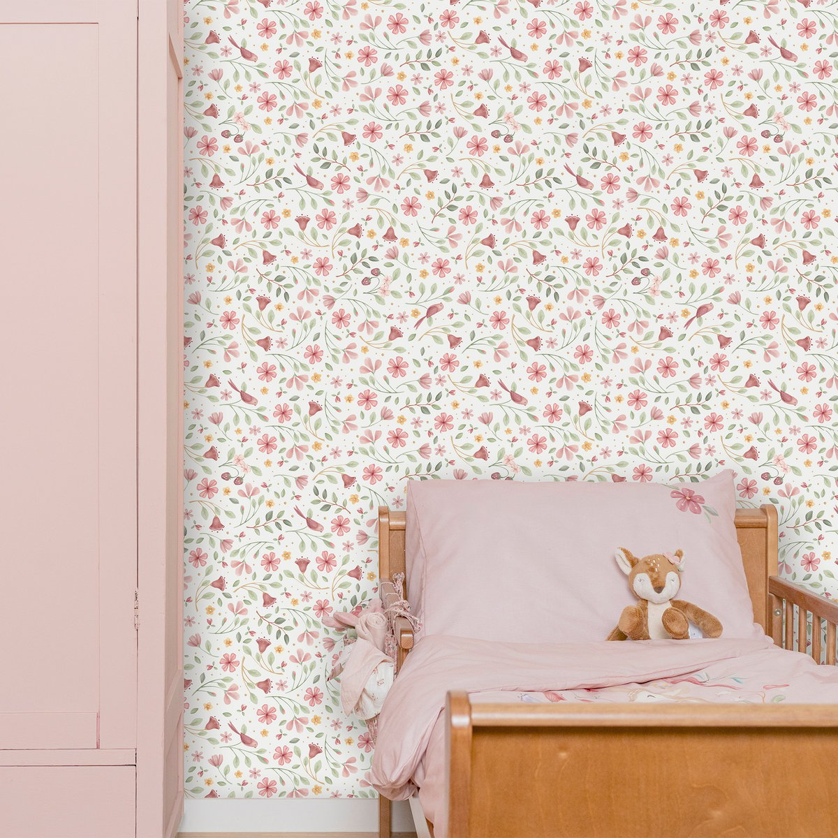 Papier peint pour enfant Farandole fleurie rose, vert, blanc, LITTLE DUTCH