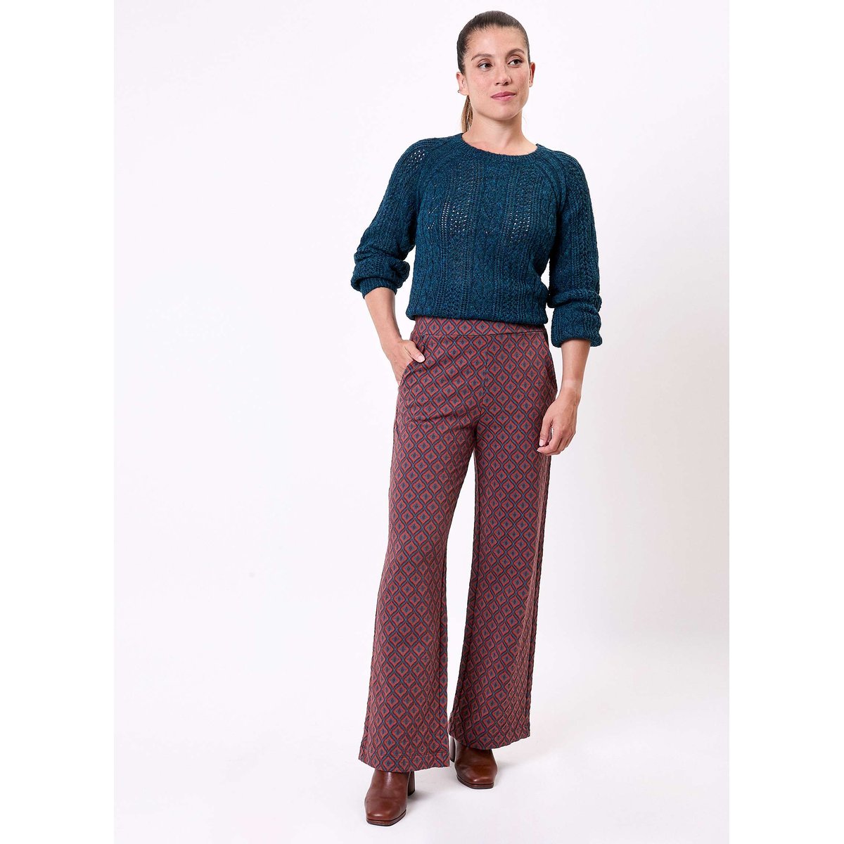 Pantalon ample maille jaquard recyclée PALMERO marron bleu, PRINCESSE NOMADE