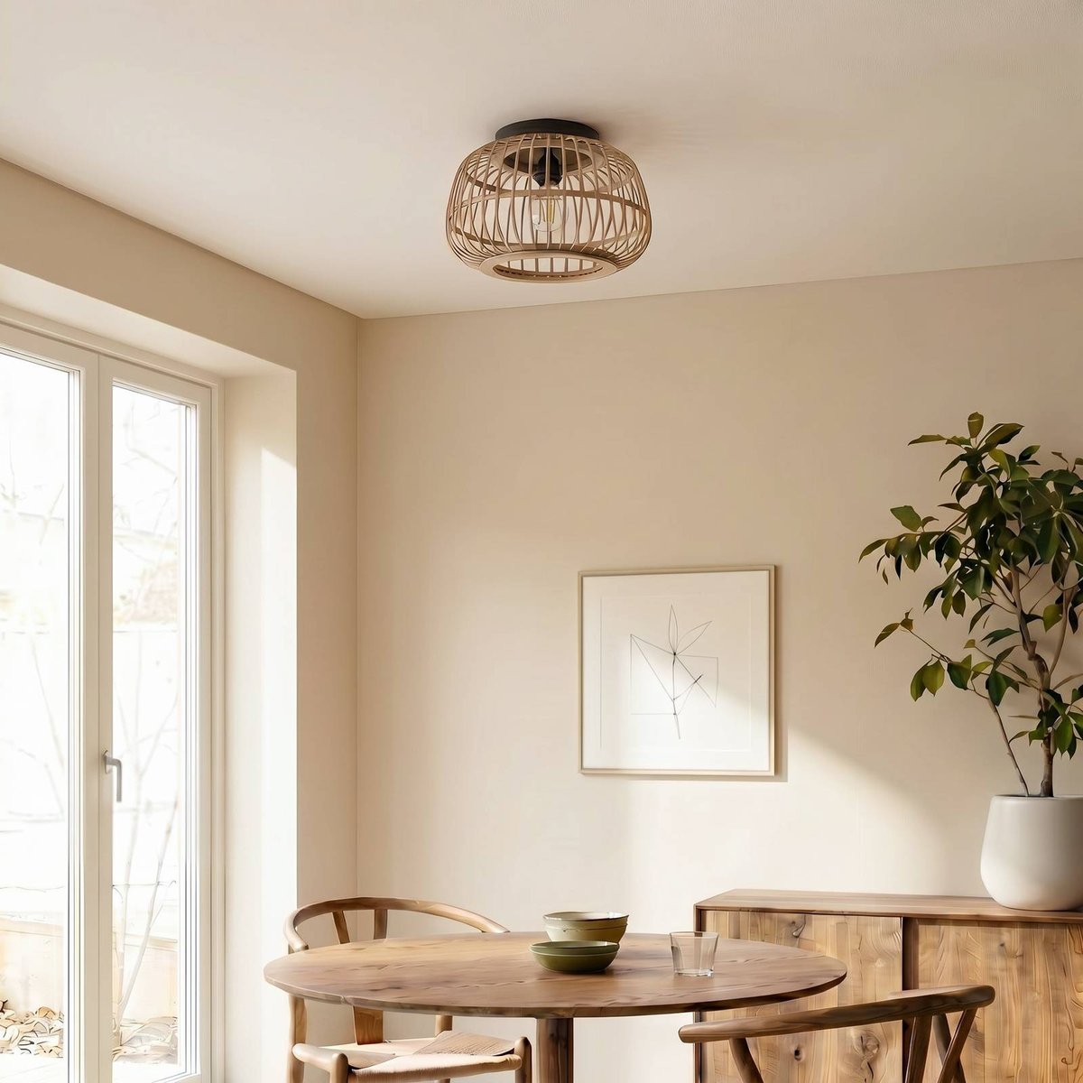 Plafonnier en bois scandinave, Bominio noir mat, bois clair, LINDBY