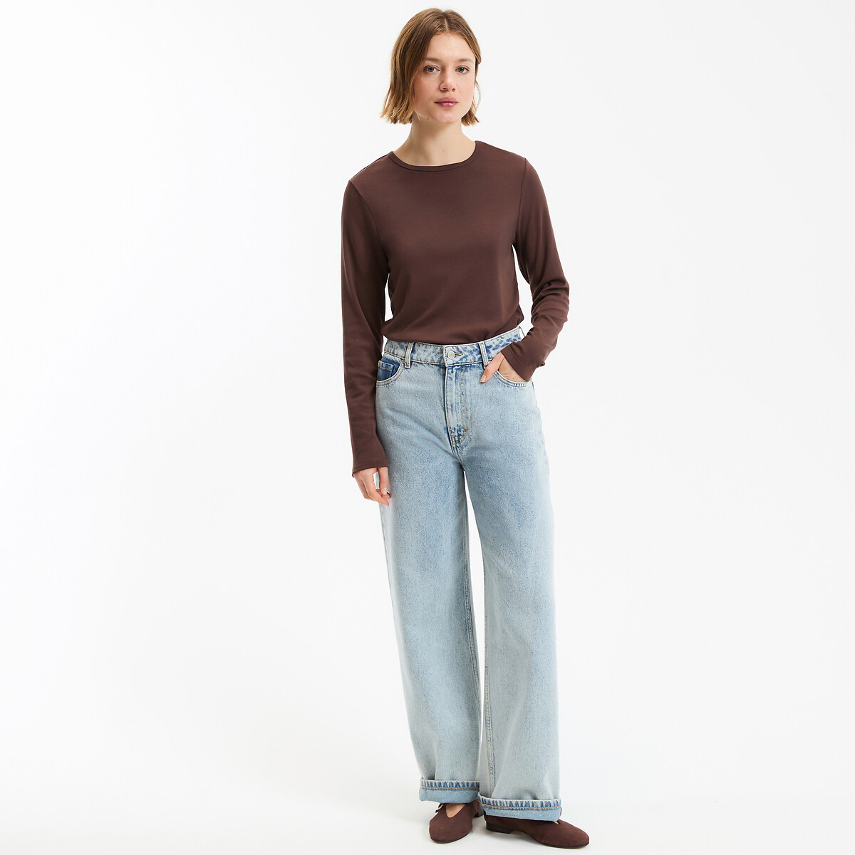 T-shirt fluide, col rond, manches longues marron, LA REDOUTE COLLECTIONS