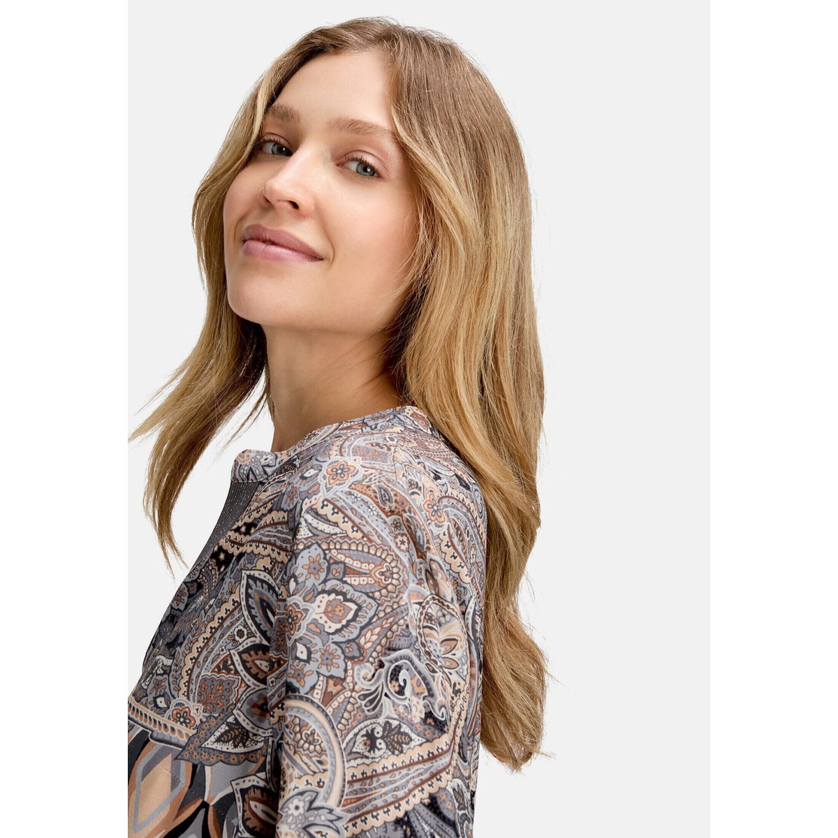 Chemisier long à col droit gris/beige, BETTY BARCLAY