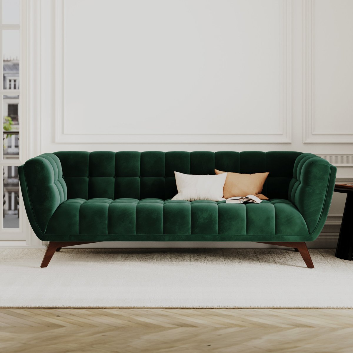 Ensemble canapé et fauteuil en velours 4 places - MONA vert sapin, MAISON PAVANE