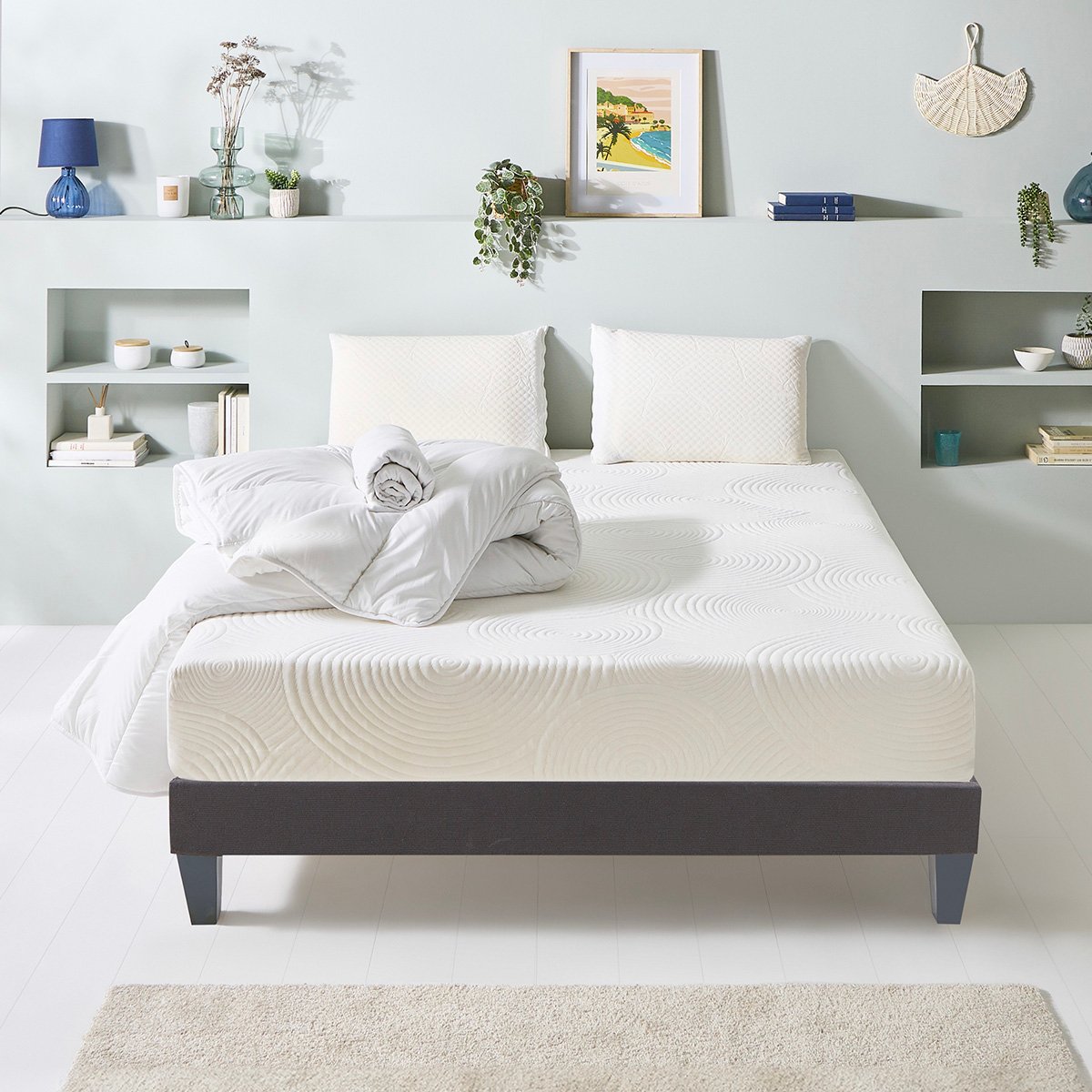 Pack Vosges 180x200 cm Matelas Mousse + Sommier Bois + Accessoires blanc, BELLECOUR