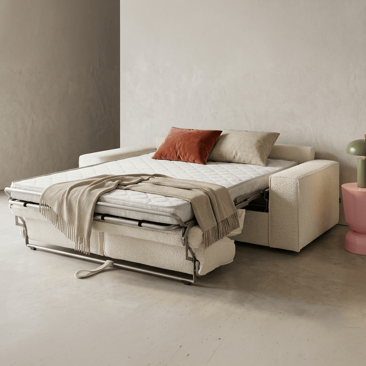 Canapé convertible express 3 places en tissu bouclé - DARIO ecru, HOMIFAB