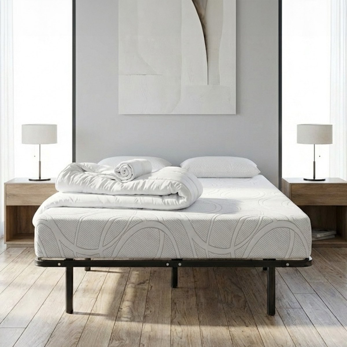 Prêt-à-dormir EUPRAXIE avec Cadre à lattes, Couette, Oreillers et Protège-matelas blanc, BELLECOUR