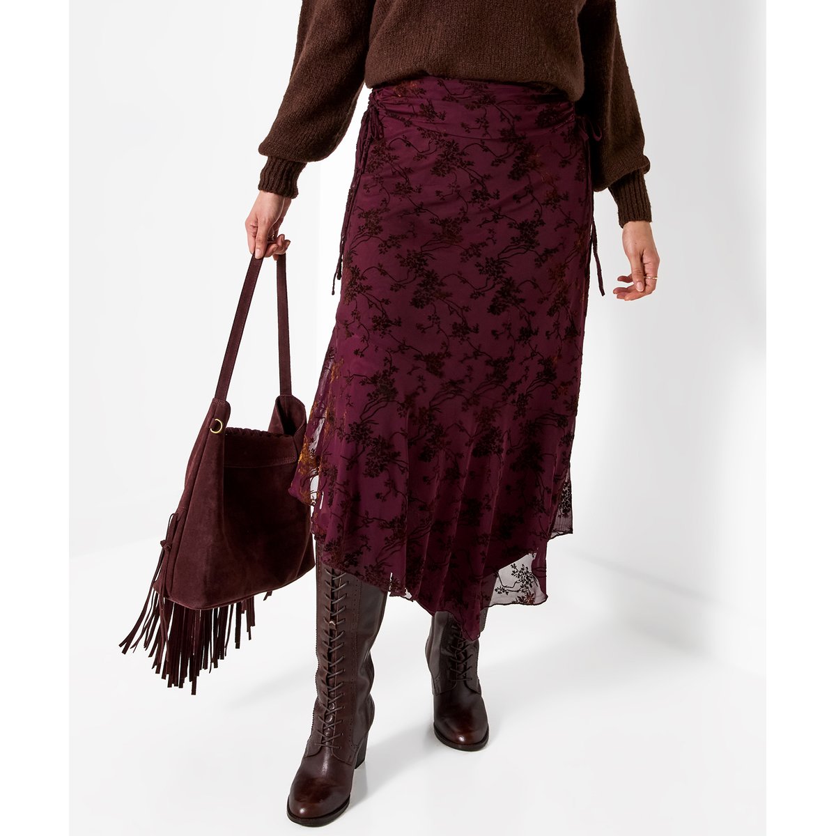 Jupe Asymétrique Floquée Fleurie à Détail Lacé rouge, JOE BROWNS