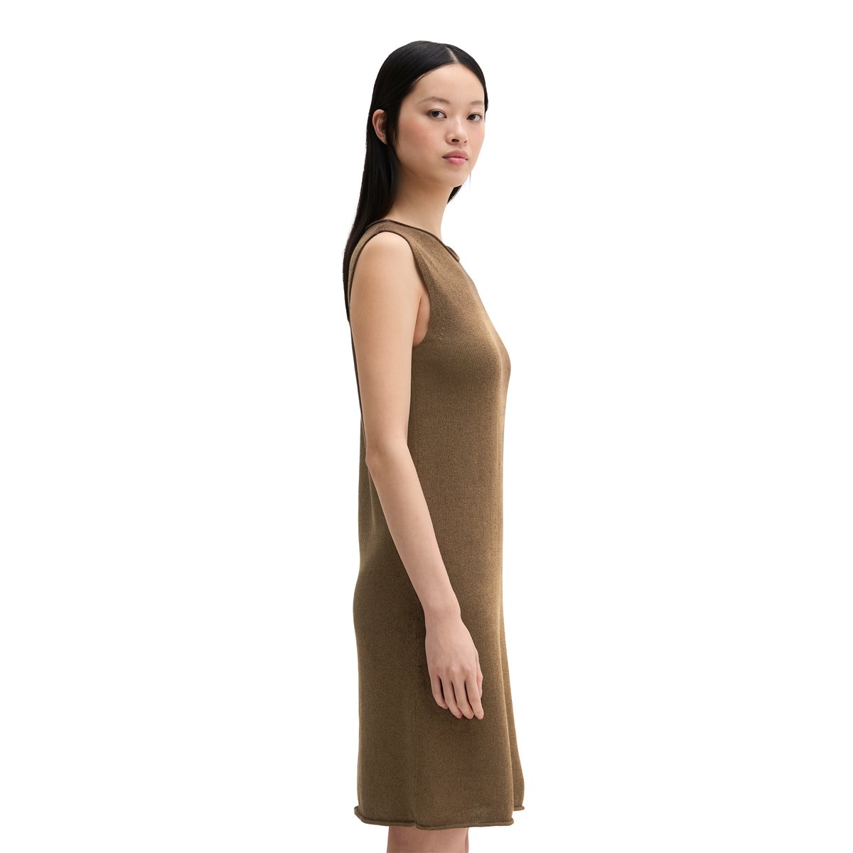 Robe en tricot sans manches shaped en mélange coton organique-lin marron foncé, MARC O'POLO