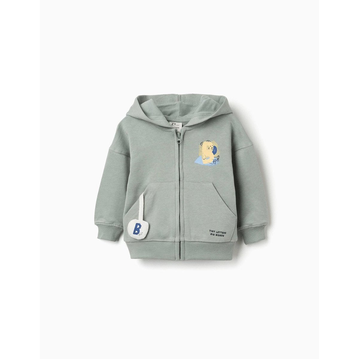 Sweat zippé en coton avec capuche et imprimé ours vert, ZIPPY