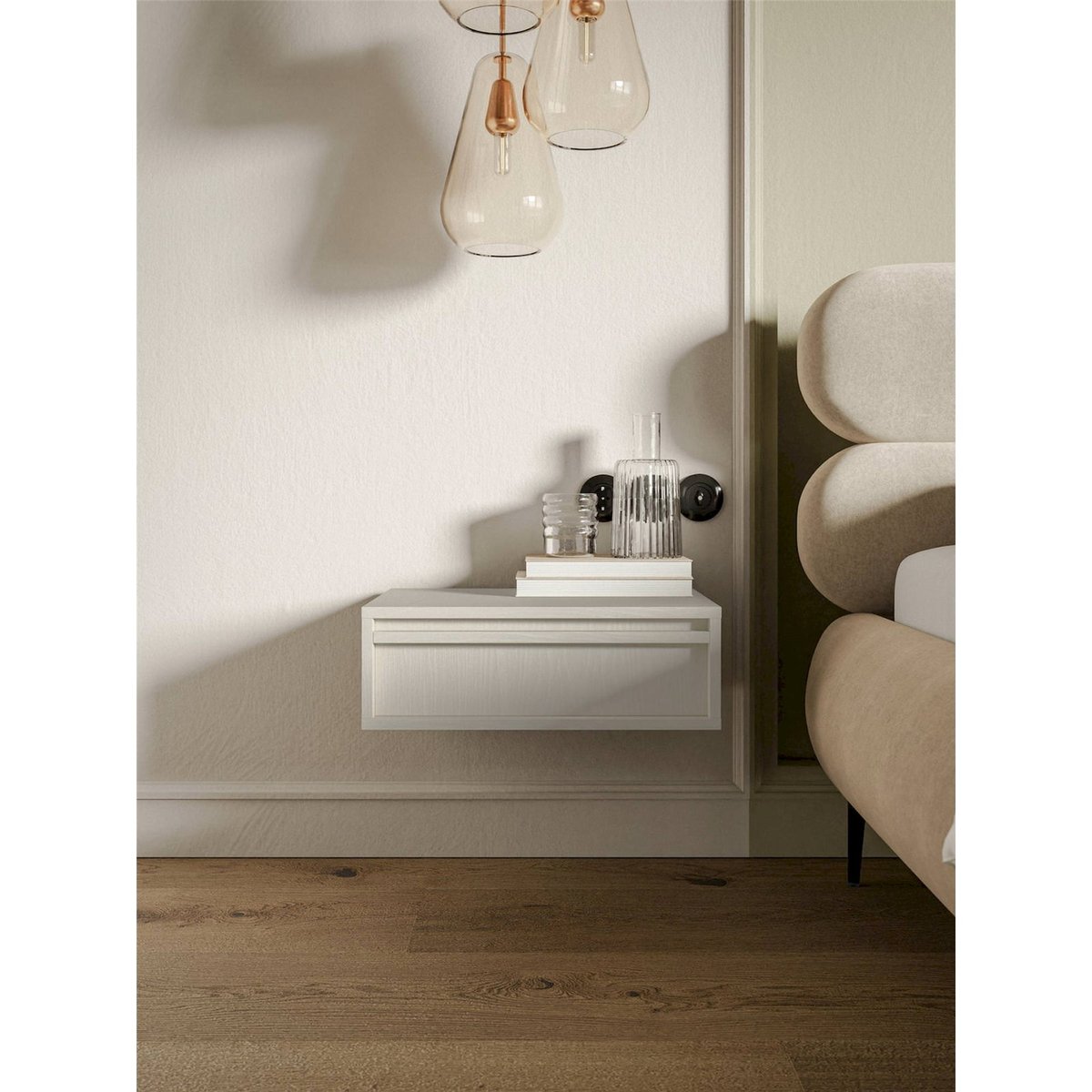 Table de chevet suspendue tiroir collection EVO beige grège, RECOLLECTION