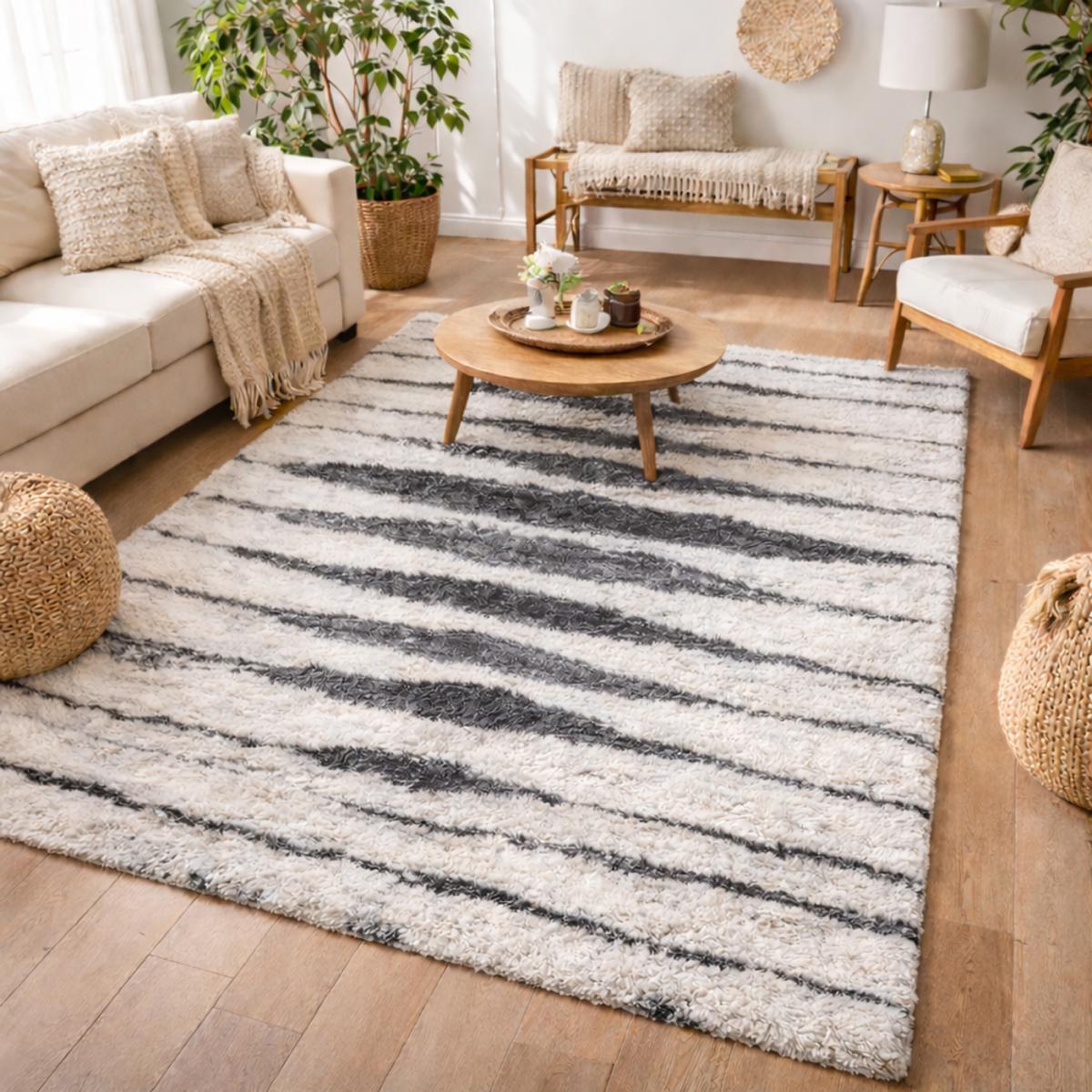 Tapis longs poils shaggy tissé motif berbère LYN4 DOUX 5 crème, gris foncé, UN AMOUR DE TAPIS