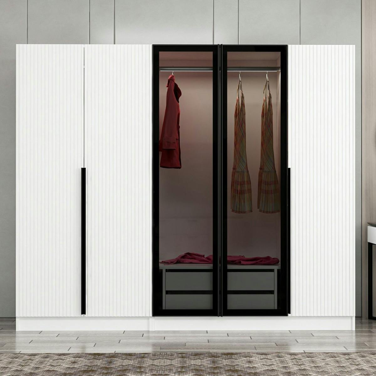 Armoire penderie blanche rainurée, 2 portes verre 225 cm BYRON blanc, PIER IMPORT