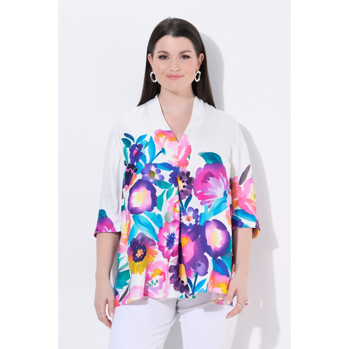 Blouse en satin, fleurs, coupe A, col calice blanc neige, ULLA POPKEN