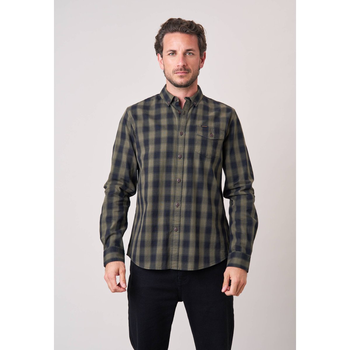 Chemise regular homme à carreaux en flanelle 100% coton PIETER khaki, DEELUXE
