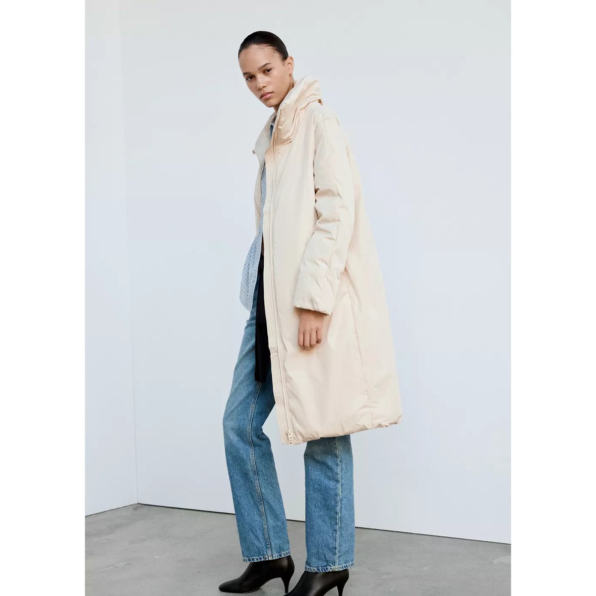 Anorak matelassé long blanc cassé, MANGO