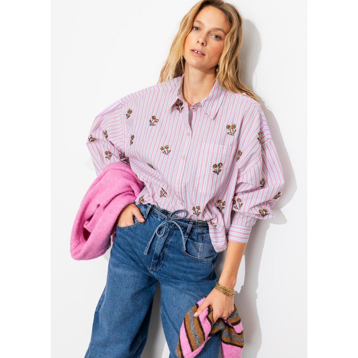 Chemise rayée perlée rayé rose, PROMOD