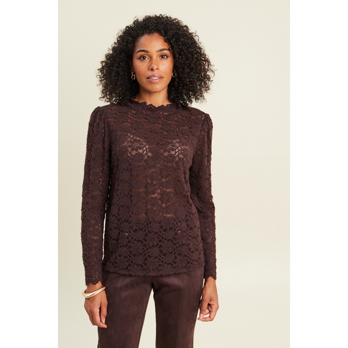 Blouse cintrée col montant dentelle marron foncé, BREAL