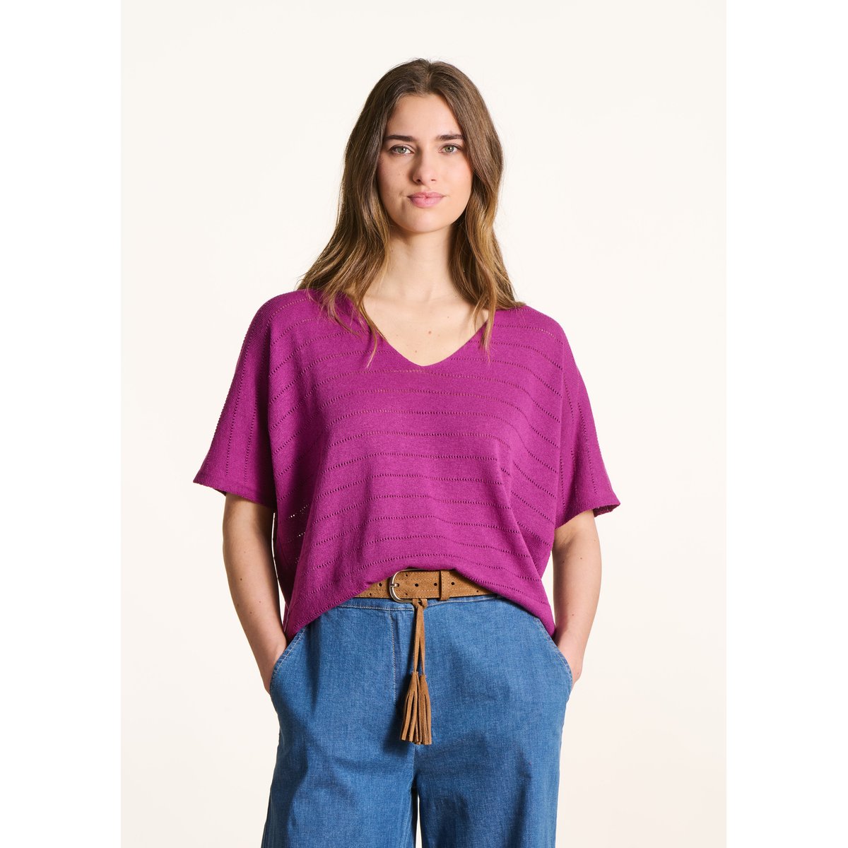Pull oversize ajouré manches courtes figue, LA FEE MARABOUTEE