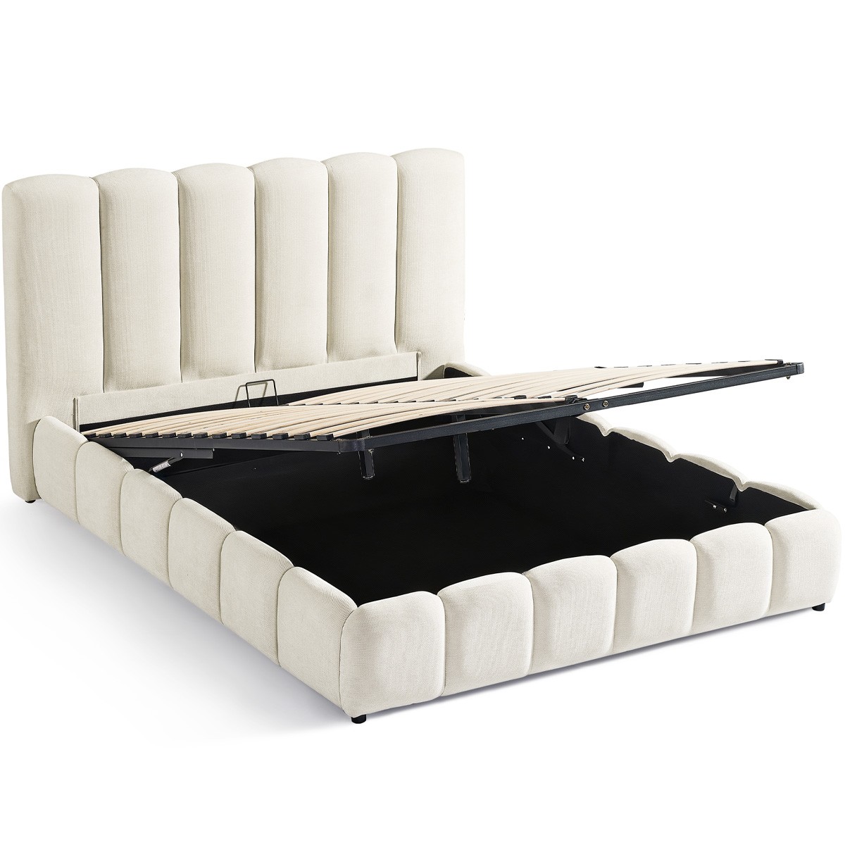 Lit coffre adulte avec tête de lit capitonnée en tissu chenille - NILS beige, HOMIFAB