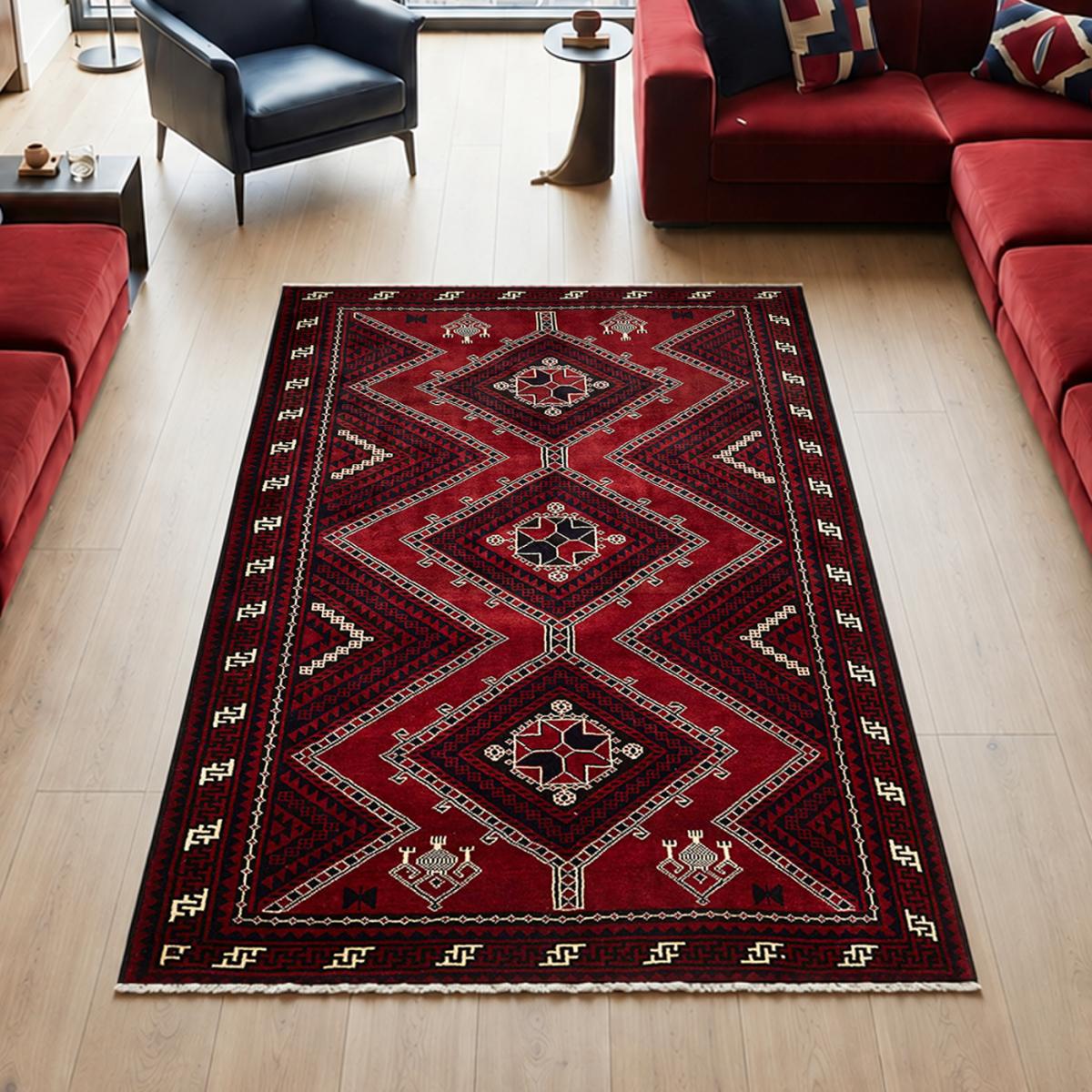 Tapis d'orient, motif oriental, noué à la main en laine, LORI 1 rouge, crème, noir, UN AMOUR DE TAPIS
