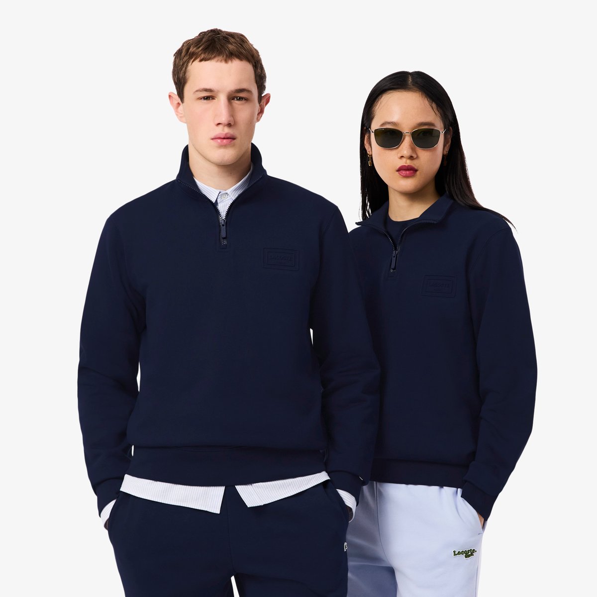 Sweatshirt col montant zippé marquage embossé bleu-166, LACOSTE