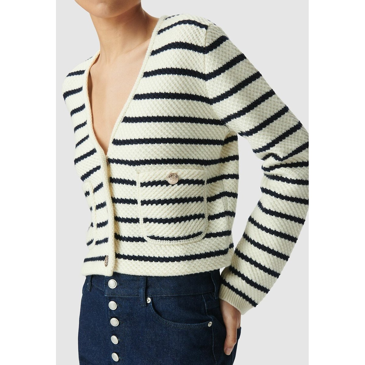 Striped V-Neck Cardigan with Long Sleeves navy/ecru, IKKS