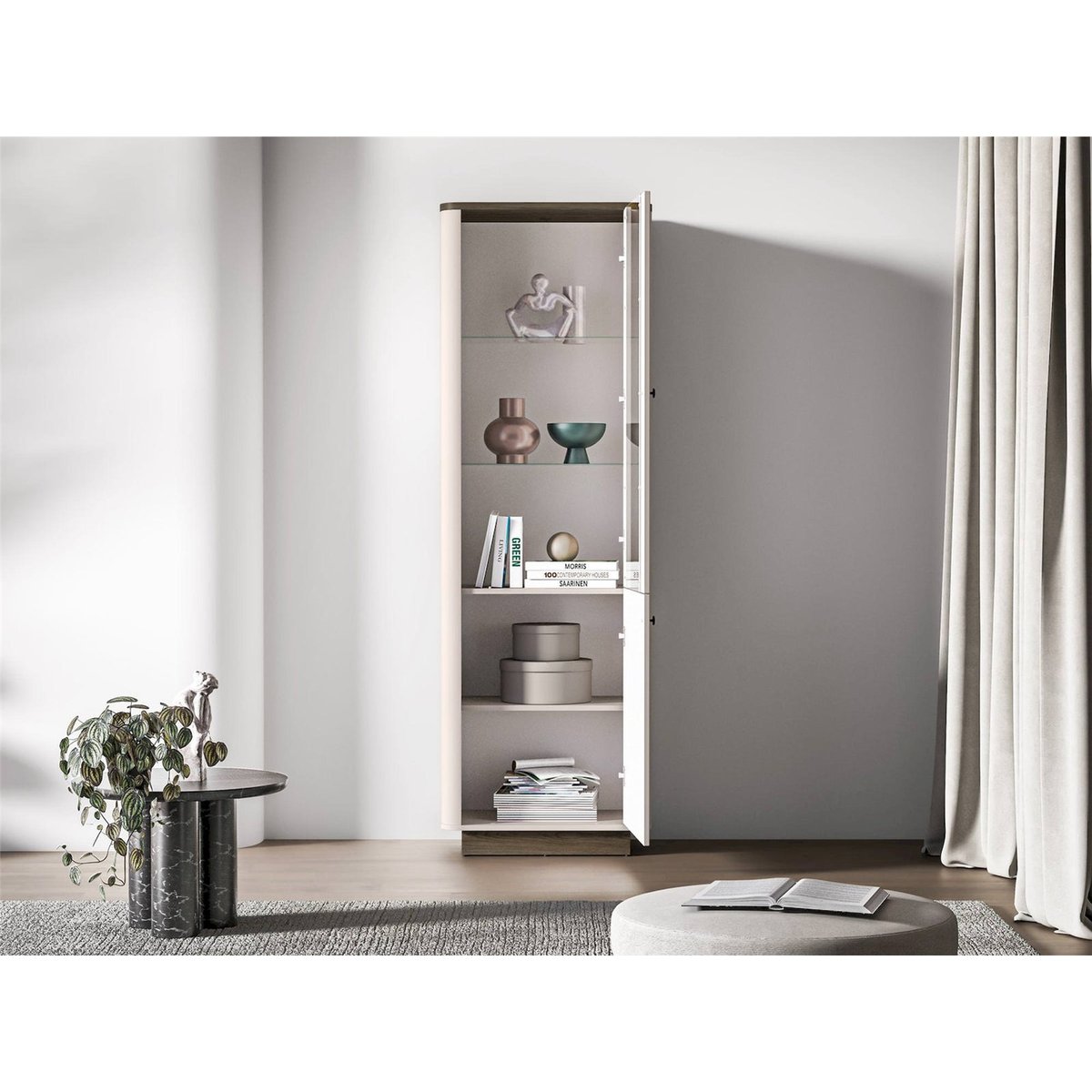 Vitrine haute VILAVIO 2 portes avec éclairage beige cachemire et chêne foncé, RECOLLECTION