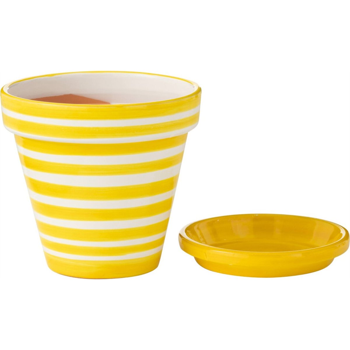 Cache-pot rayé en poterie peinte main jaune rayé blanc, RECOLLECTION