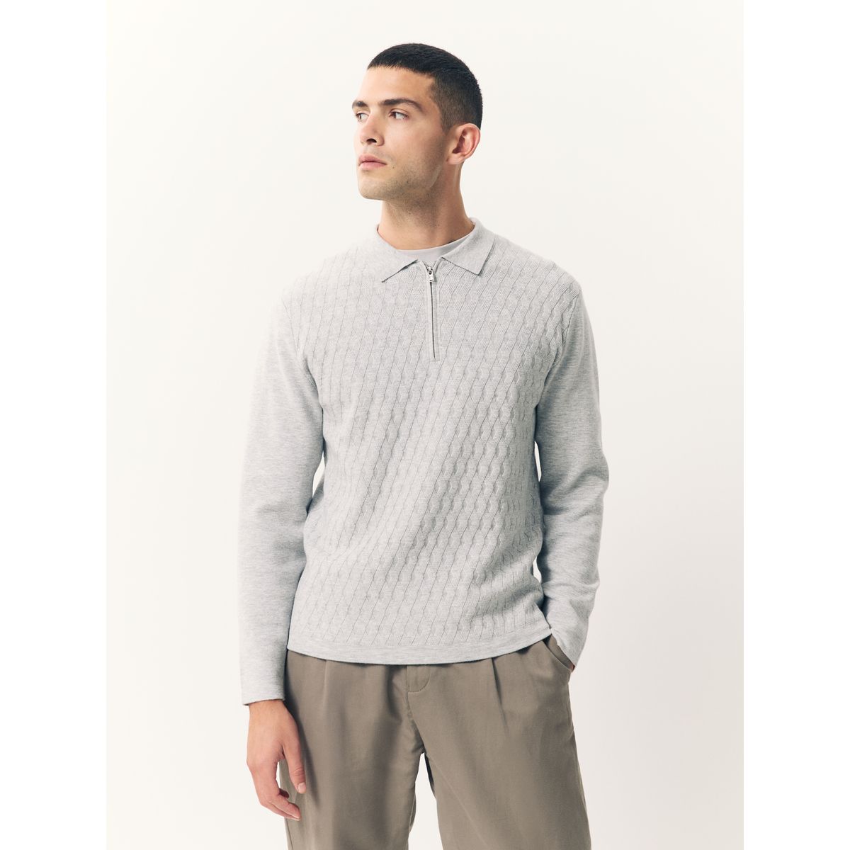 Polo regular en maille à col zippé gris, NEXT