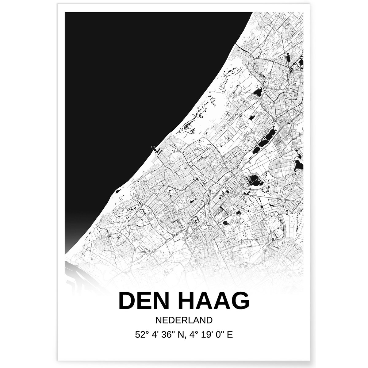 Affiche carte Den Haag - rectangle Noir et Blanc blanc, L'AFFICHERIE