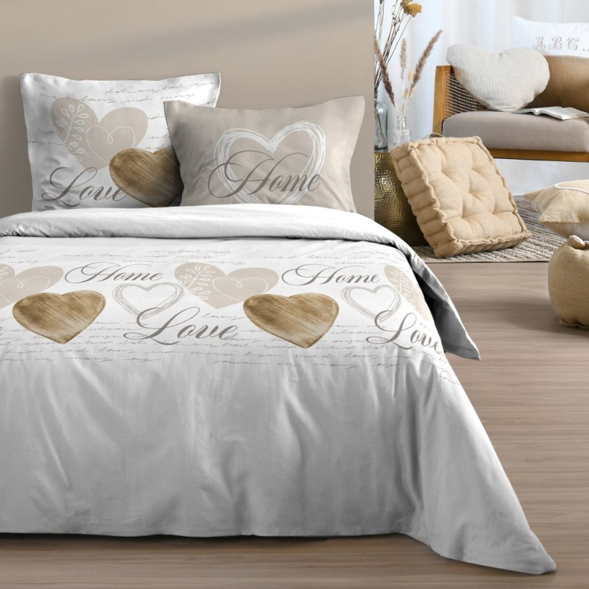 Housse de couette 260x240 finition rabat + 2 taies coton 57 fils blanc, DECORATIE