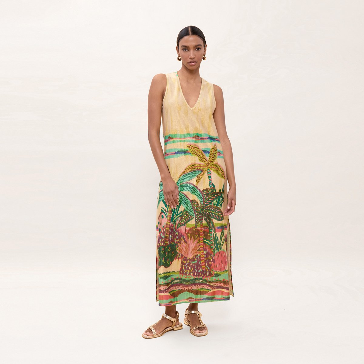 Robe longue imprimée sans manches légèrement pailletée beige, LOLA CASADEMUNT