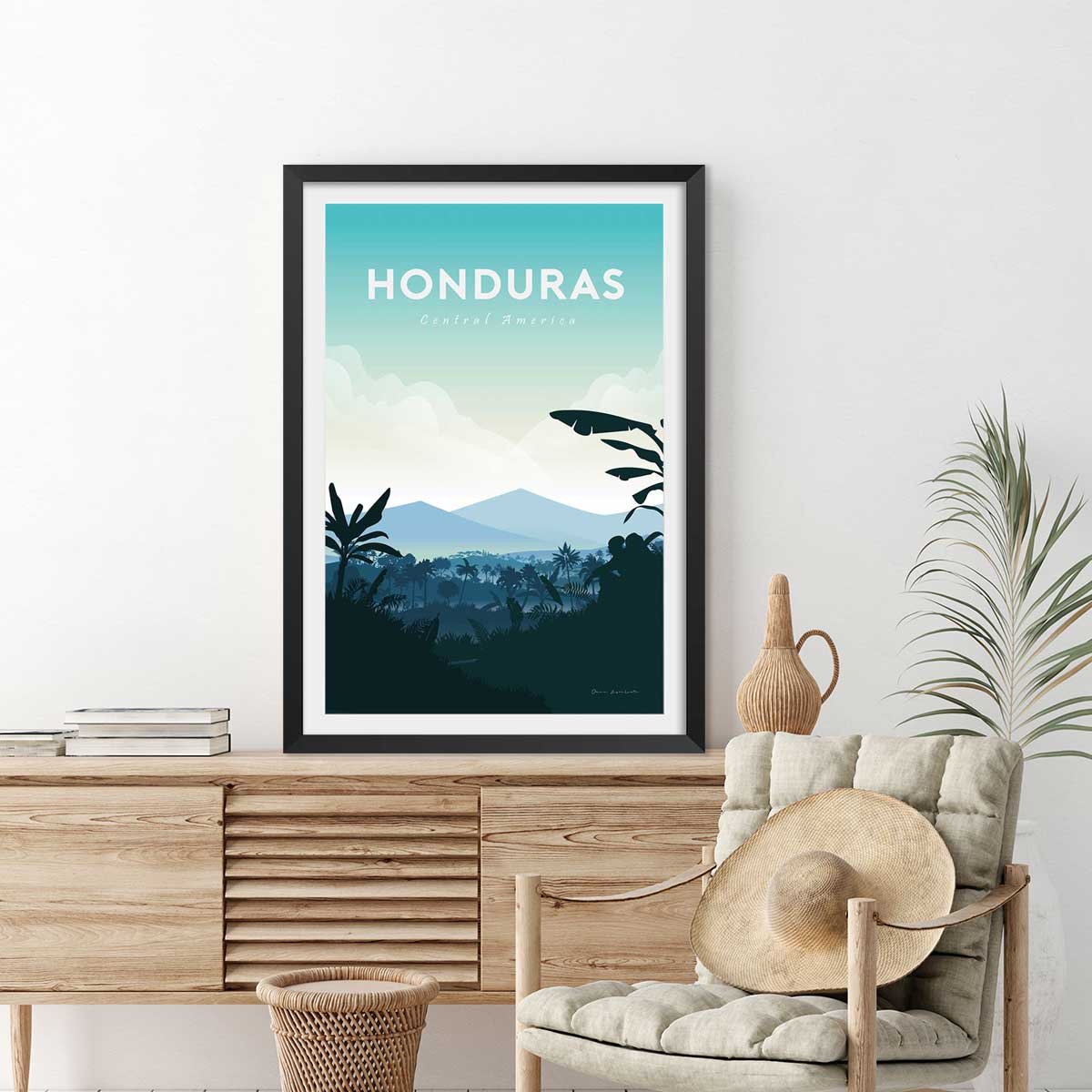 Affiche Voyage en Honduras affiche + cadre en bois - noir, HEXOA
