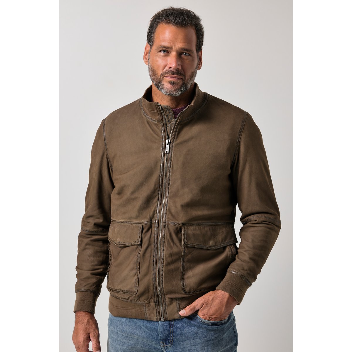 Blouson en cuir suédé d'agneau marron, JP1880