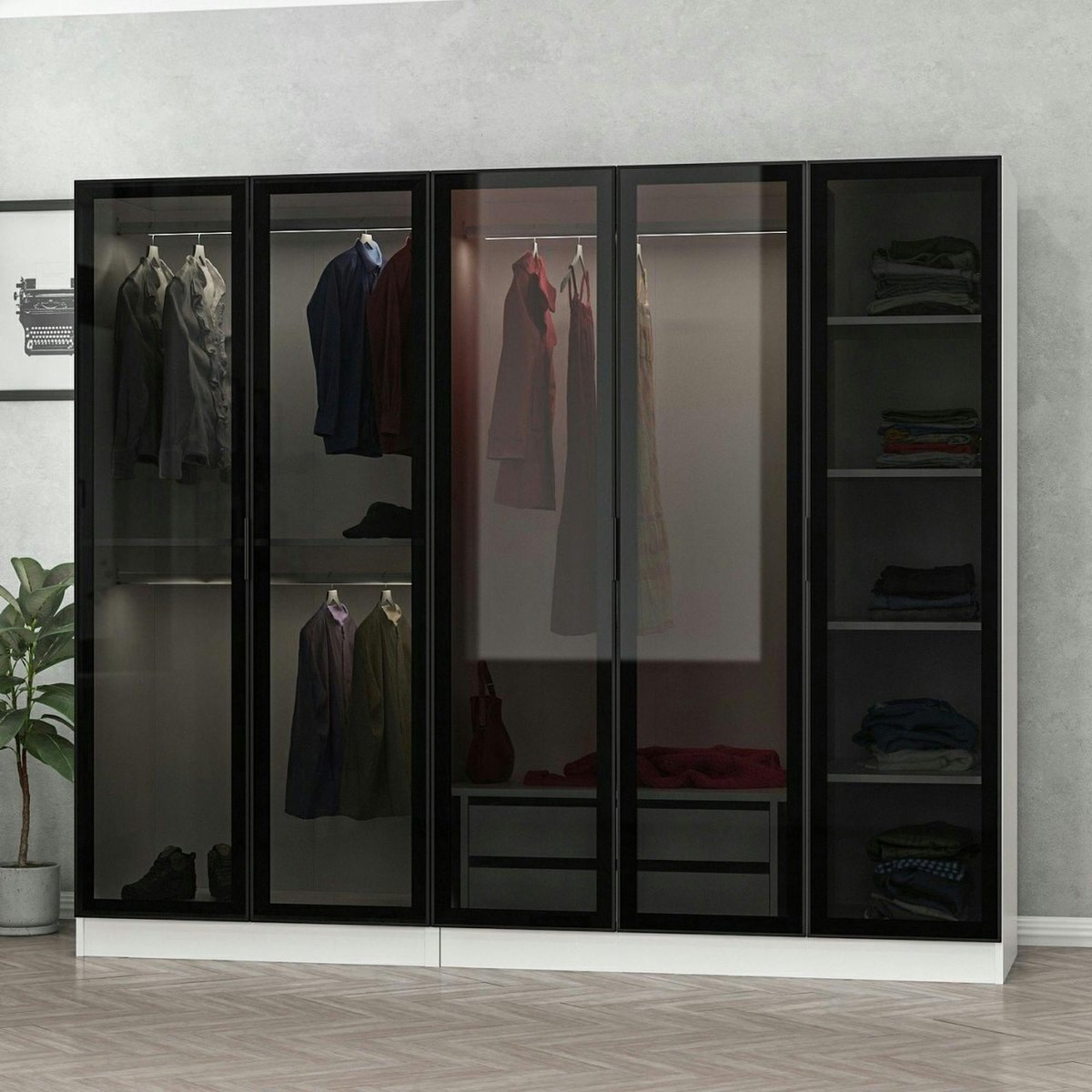 Armoire dressing design blanc 5 portes verre H 210 cm BYRON blanc, PIER IMPORT