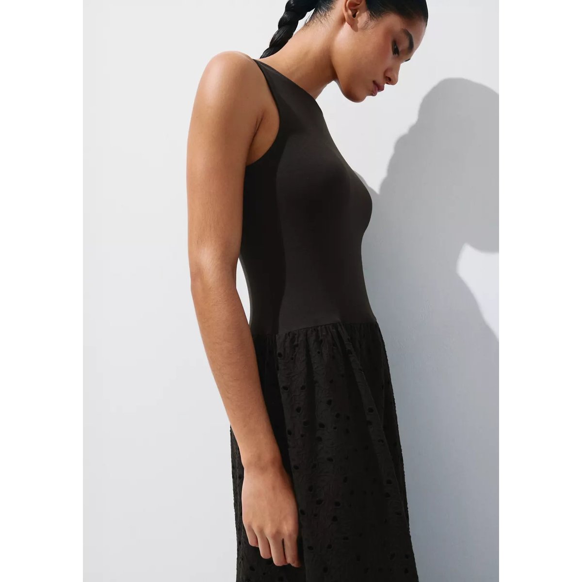 Robe combinée broderie ajourée marron, MANGO