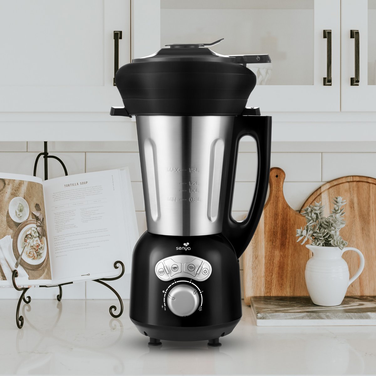 Blender chauffant cook&ice et son panier vapeur en silicone noir, SENYA