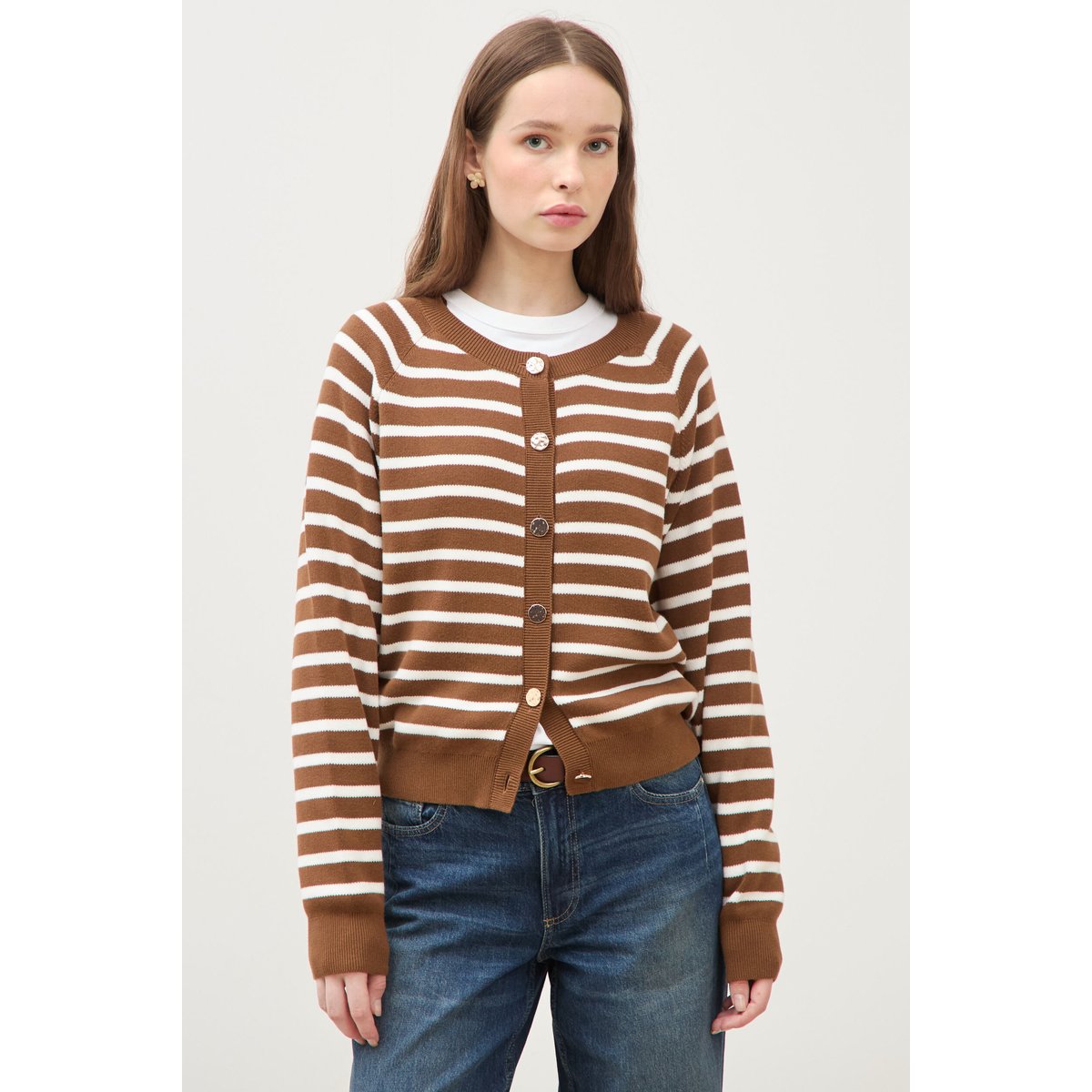 Gilet manches longues col rond en coton marron, BONOBO