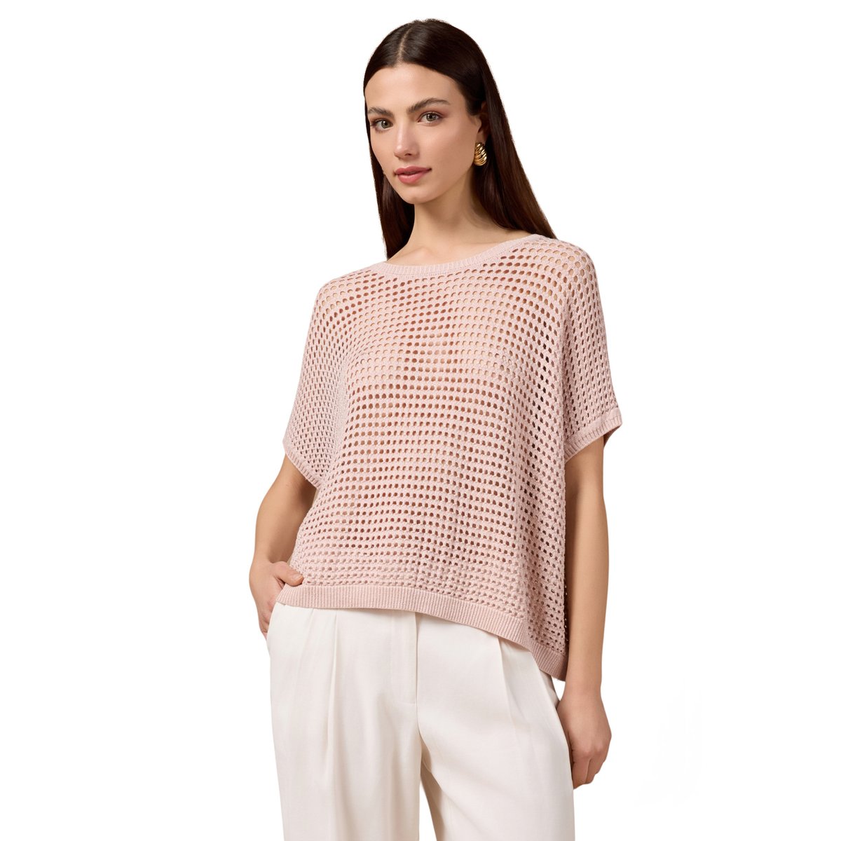 Pull en fil textile ajouré rose, OLTRE