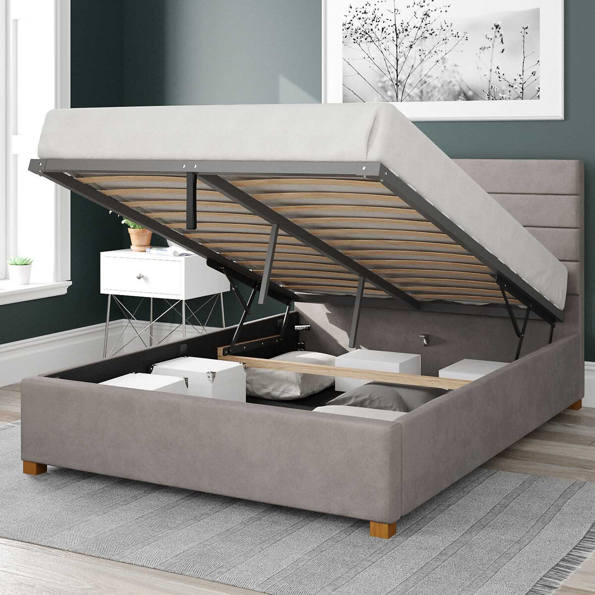 Kelly Velvet Storage Ottoman Bed with Modern Horizontal Upholstered Headboard silver-coloured, ASPIRE
