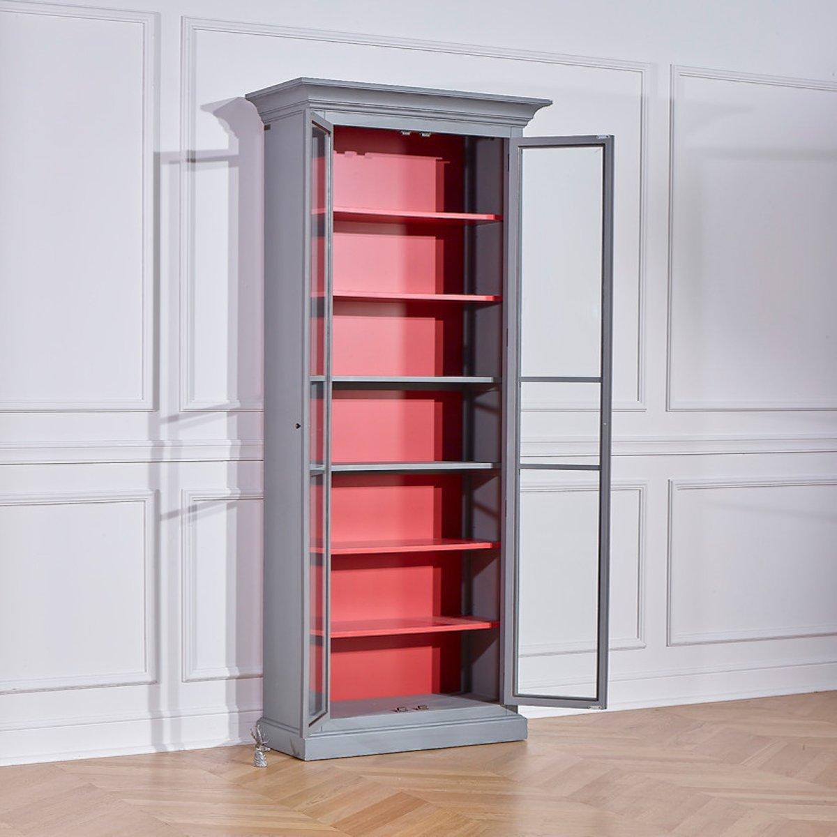 Armoire vitrée en pin 6 étagères EMILY grise, ROBIN DES BOIS