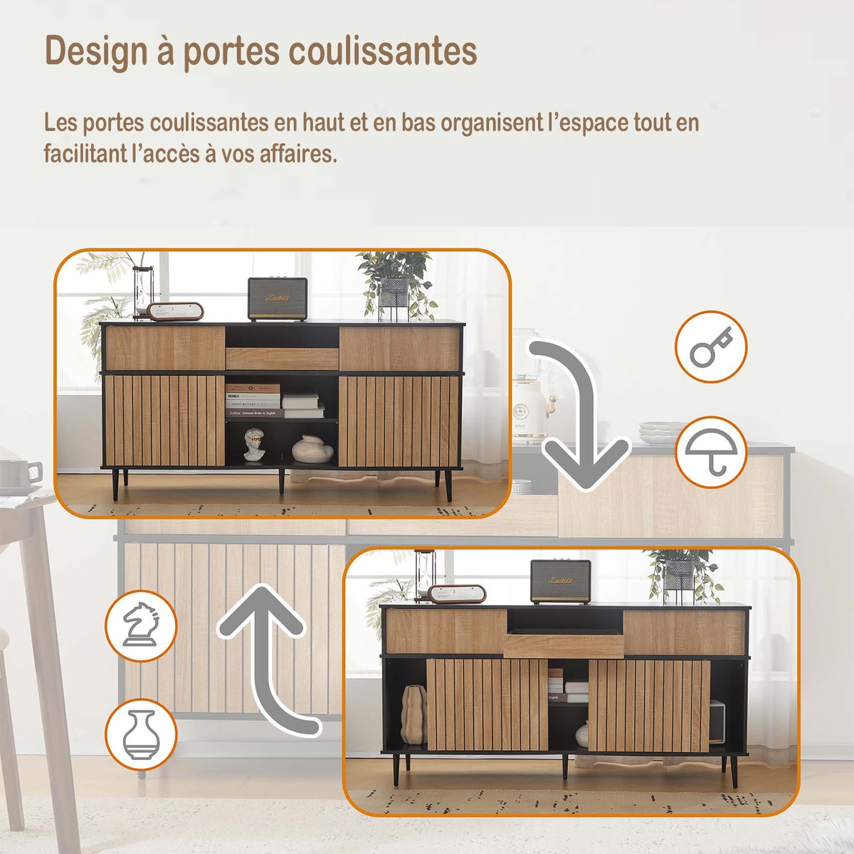 Buffet contemporain avec 4 portes coulissantes et 1 tiroir style contemporain, NOVAKF Buffet chêne, MEUBLES COSY