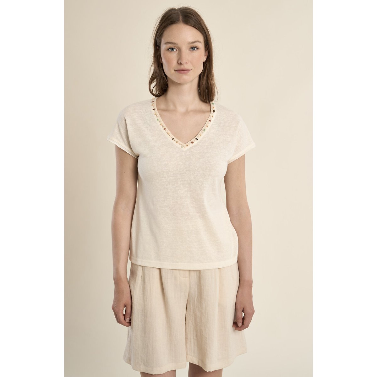 T-shirt manches courtes col v détail perles blanc, MOLLY BRACKEN