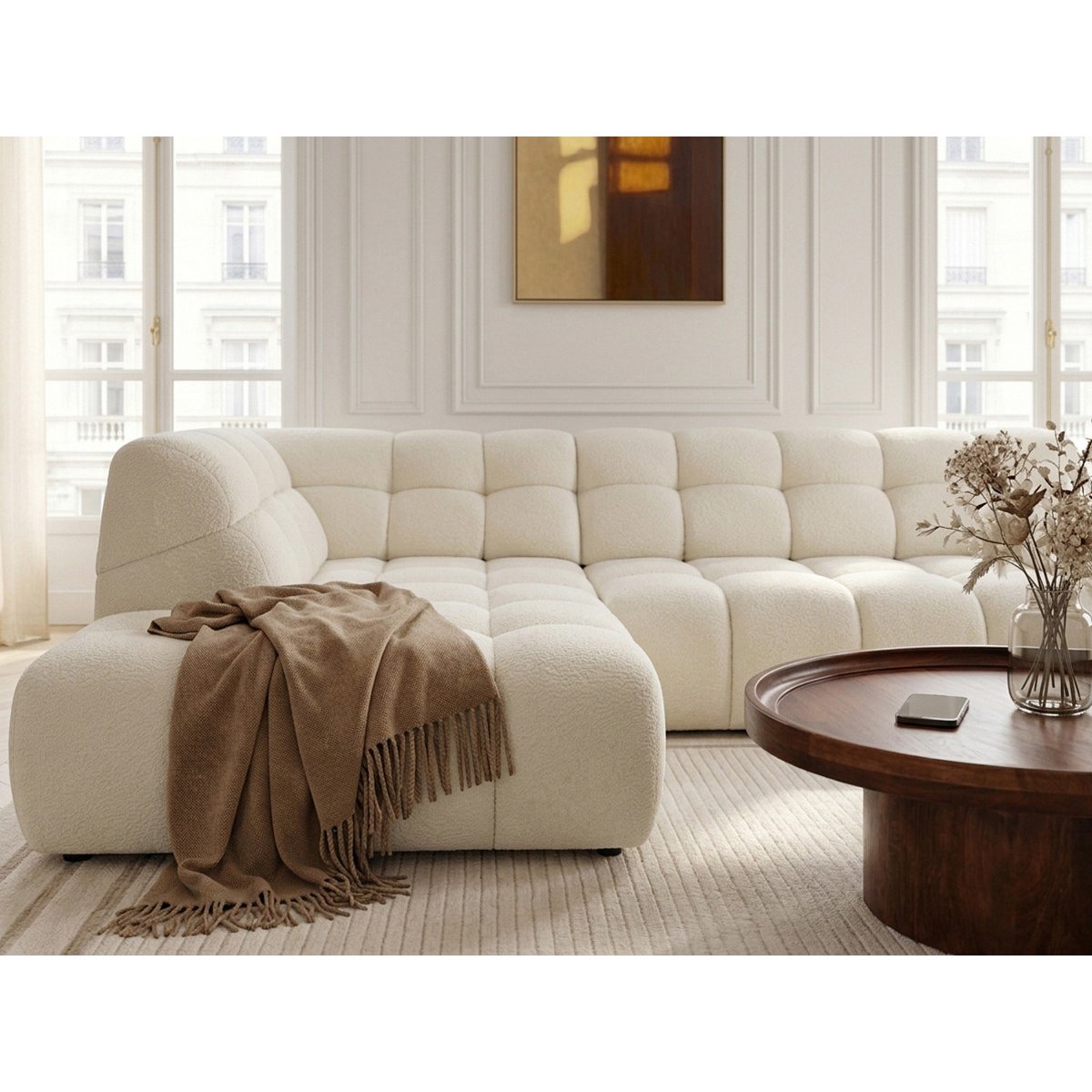 Canapé d'angle convertible 4 places en tissu chenille, ANDRE blanc, BOBOCHIC